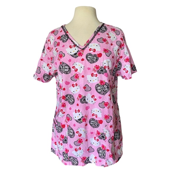 Hello Kitty scrub tunic double pocket V neck black lace trim - Picture 1 of 7